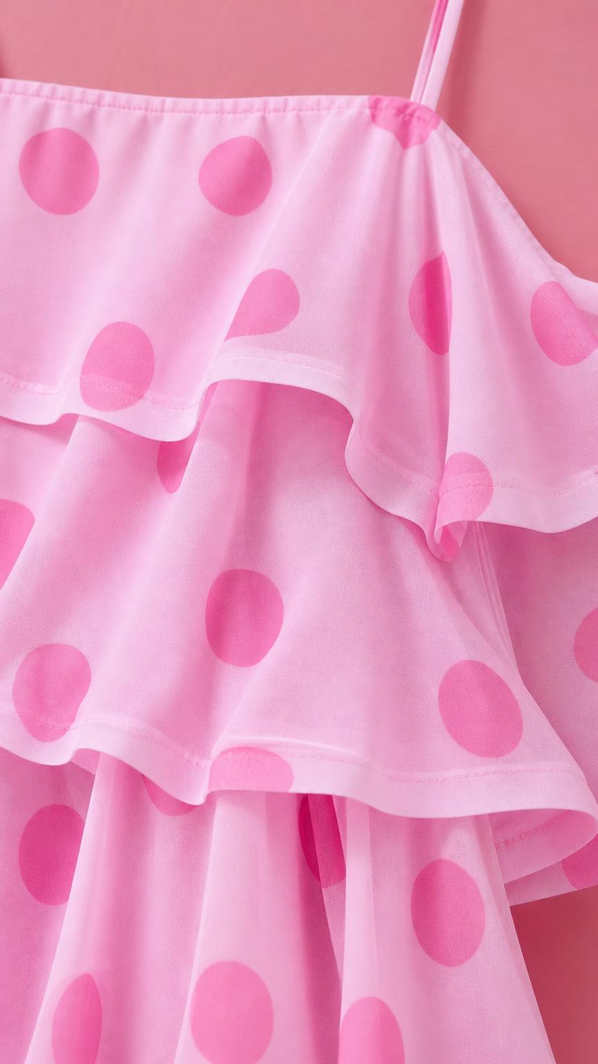 Close-up of fabric texture and ruffles on pink polka dot dress