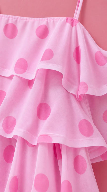 Close-up of fabric texture and ruffles on pink polka dot dress