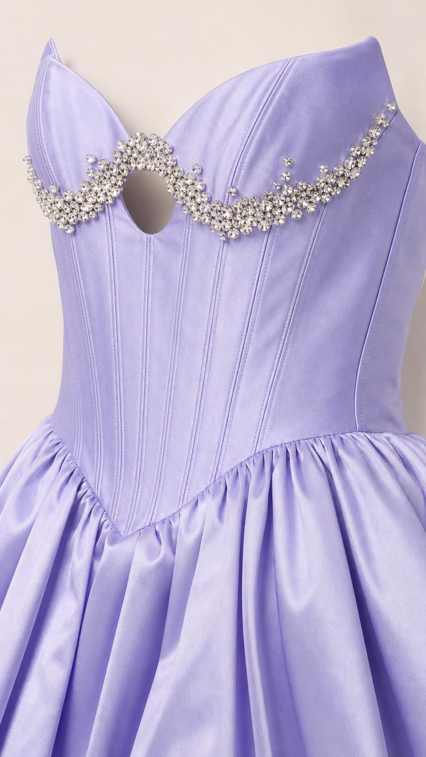 Close-up detail of rhinestone sweetheart neckline and bodice boning