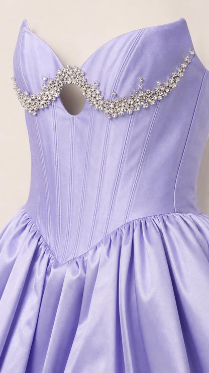 Close-up detail of rhinestone sweetheart neckline and bodice boning
