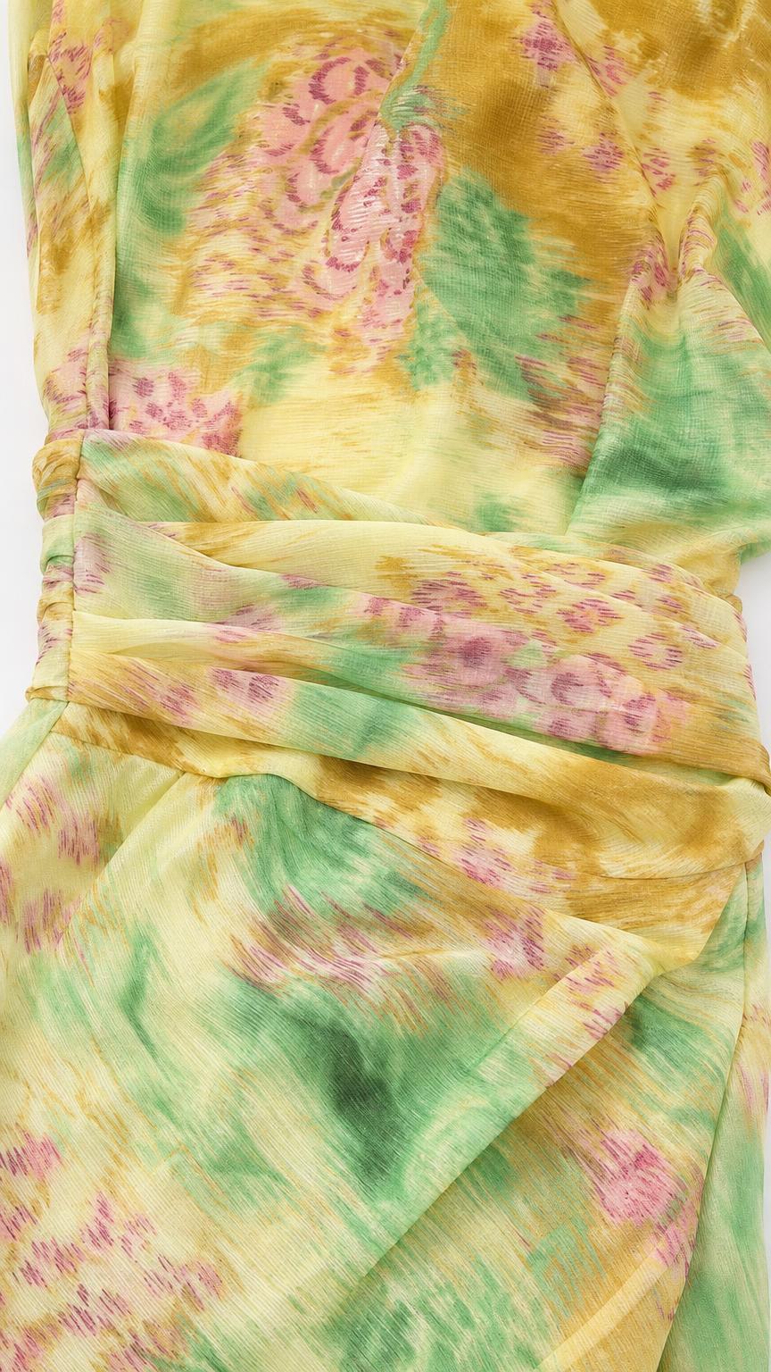 Close-up of fabric texture and ruched waist detail