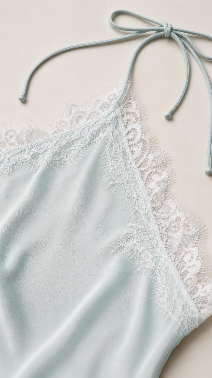Close-up of lace trim and halter straps on light blue dress