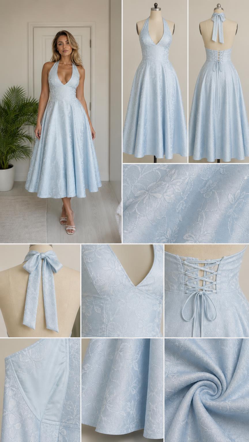 Detailed close-ups of dress construction, fabric texture, and back bow
