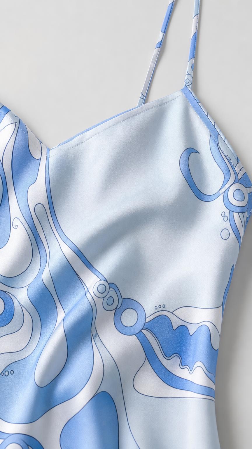 Close-up detail of smooth satin fabric and abstract print