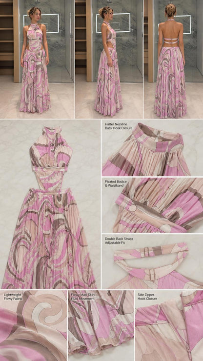 Detail view showing close-ups of neckline, pleating, straps, and fabric movement