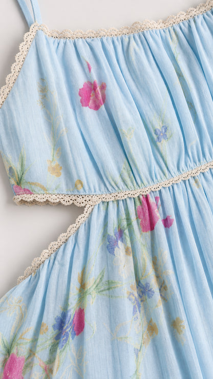 Close-up of lace trim and floral fabric pattern on light blue dress