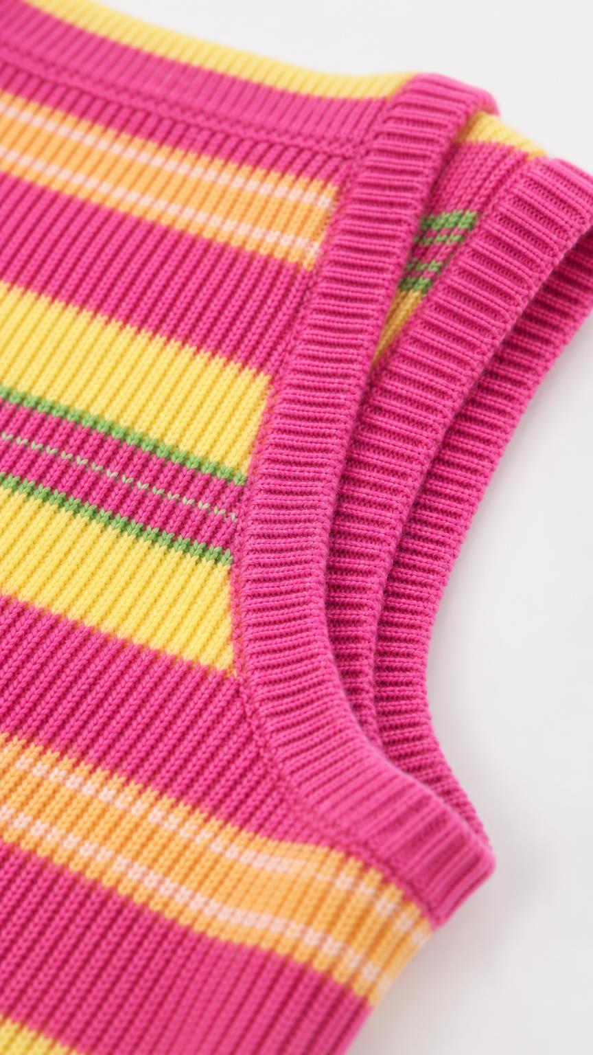 Close-up detail of ribbed trim and knit texture on pink striped top