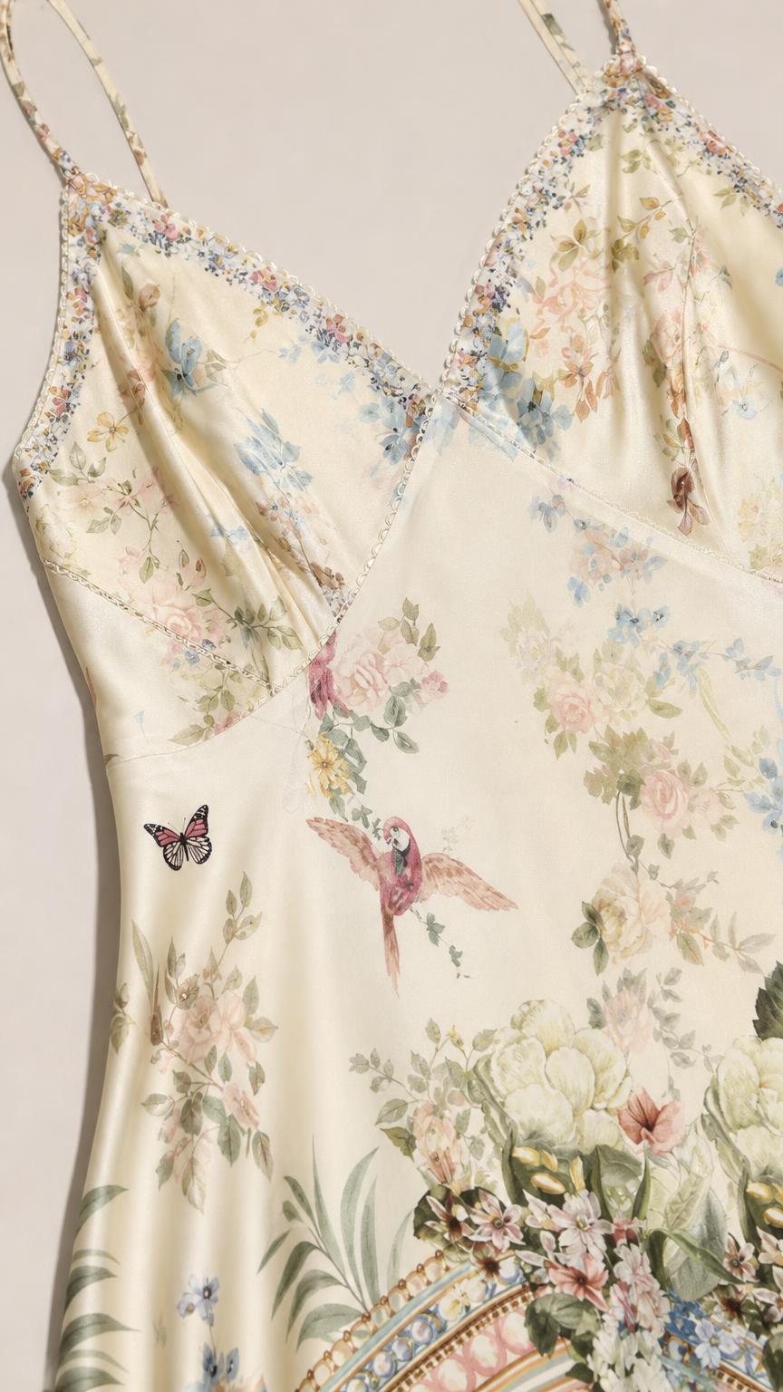 Close-up of bodice and print detail on ivory slip dress