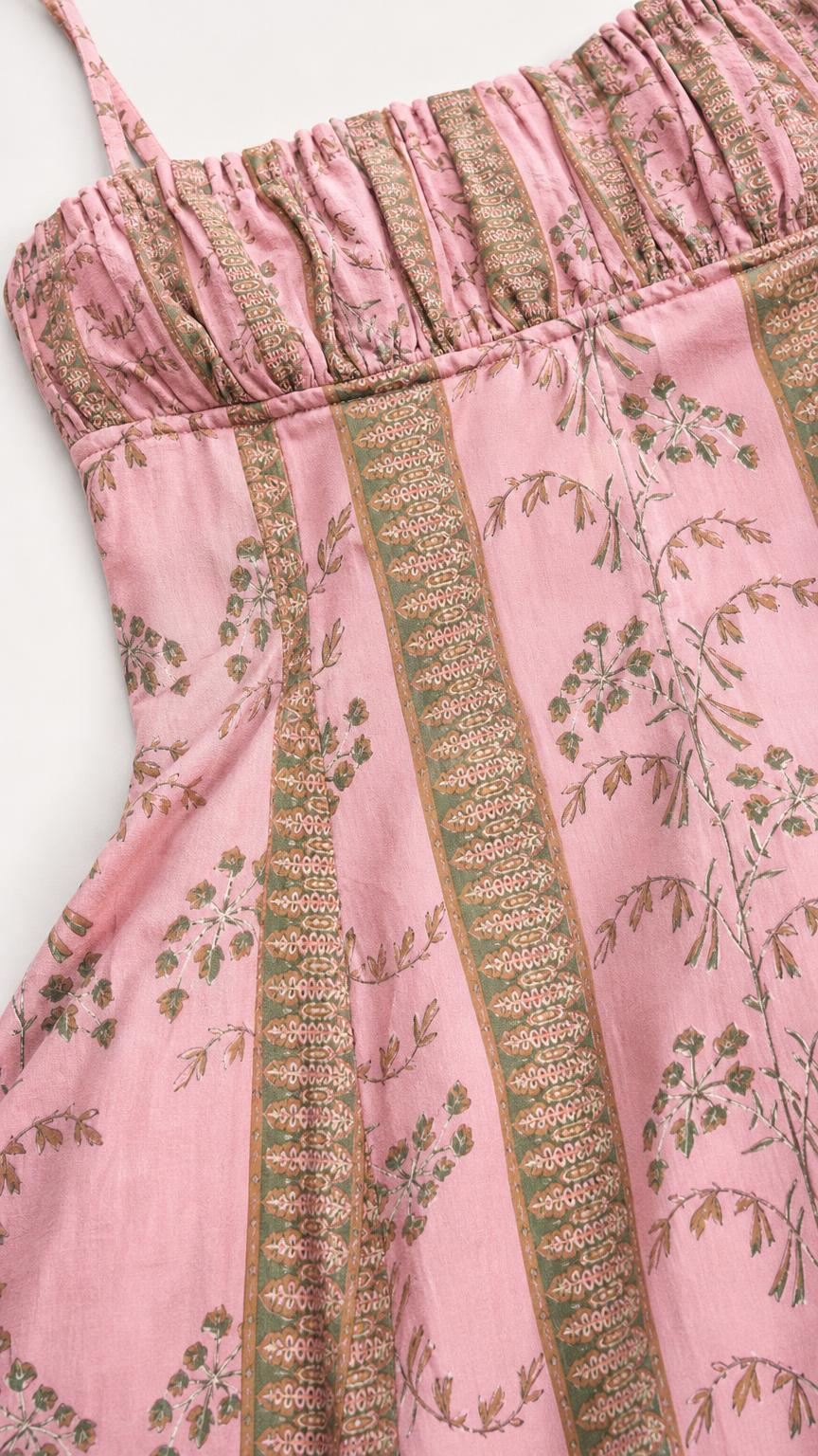 Close-up detail of smocked bodice and floral vertical stripe pattern