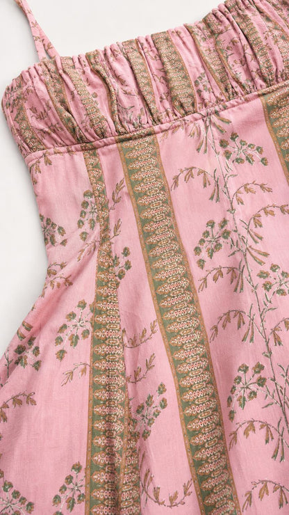 Close-up detail of smocked bodice and floral vertical stripe pattern