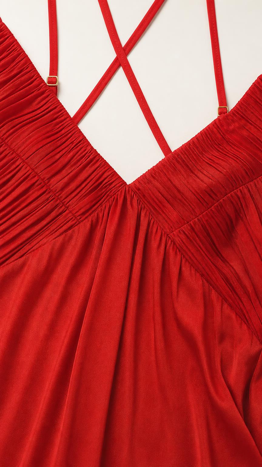 Close-up detail of gathered V-neck and straps on Red dress