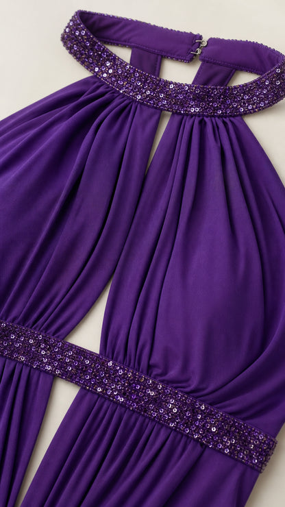 Close-up of sequin-trimmed halter neckline and bodice details