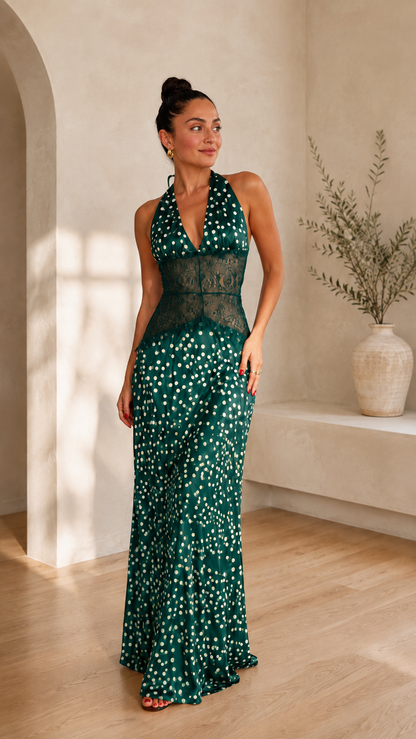 Elegance polka dot halter lace maxi dress in green