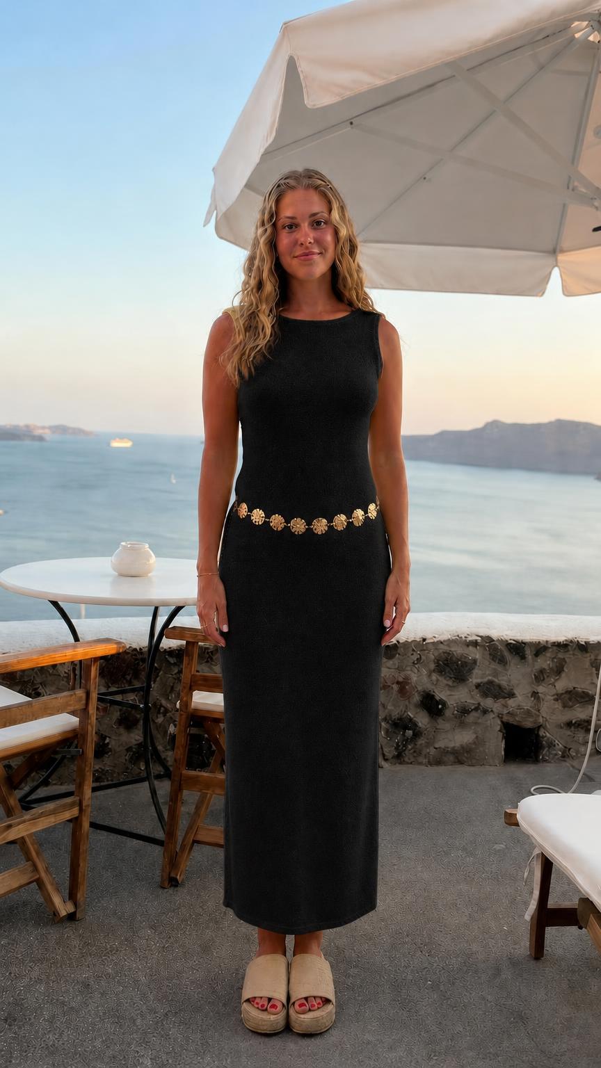 Front view of black sleeveless midi dress variant