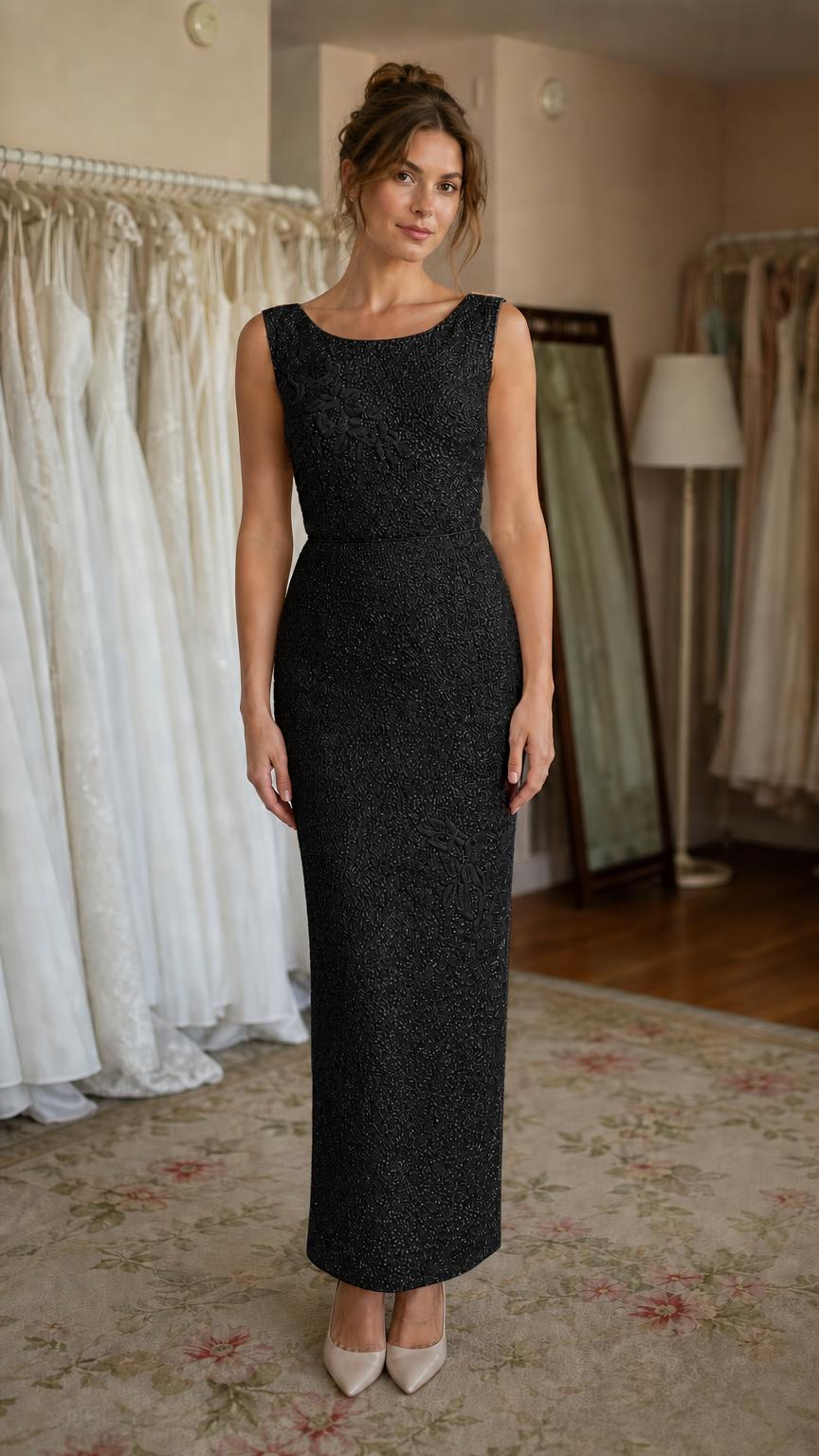 Front view of black sequin evening column dress