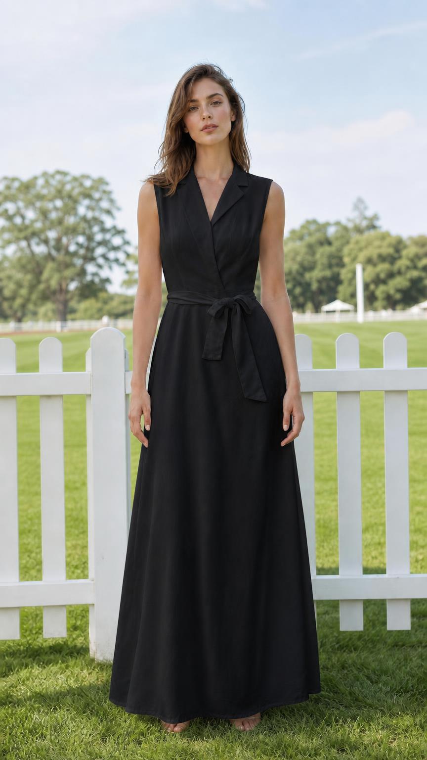 Model wearing black sleeveless lapel maxi dress