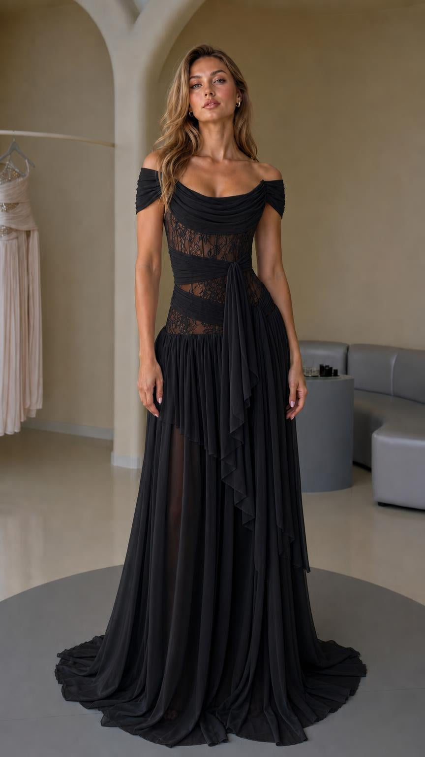 Front view of black evening gown
