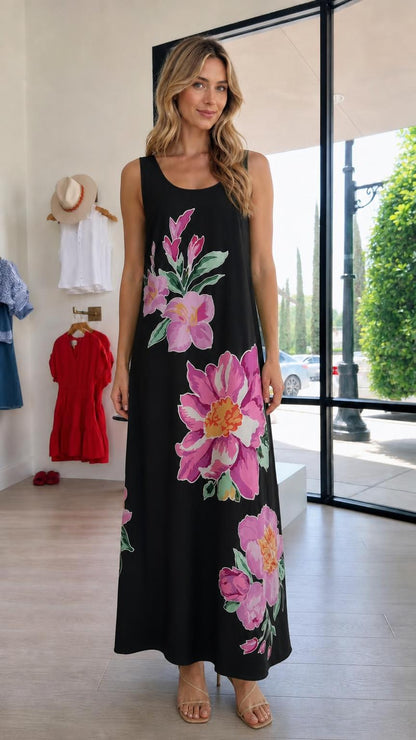 Front view of black floral sleeveless maxi dress on model