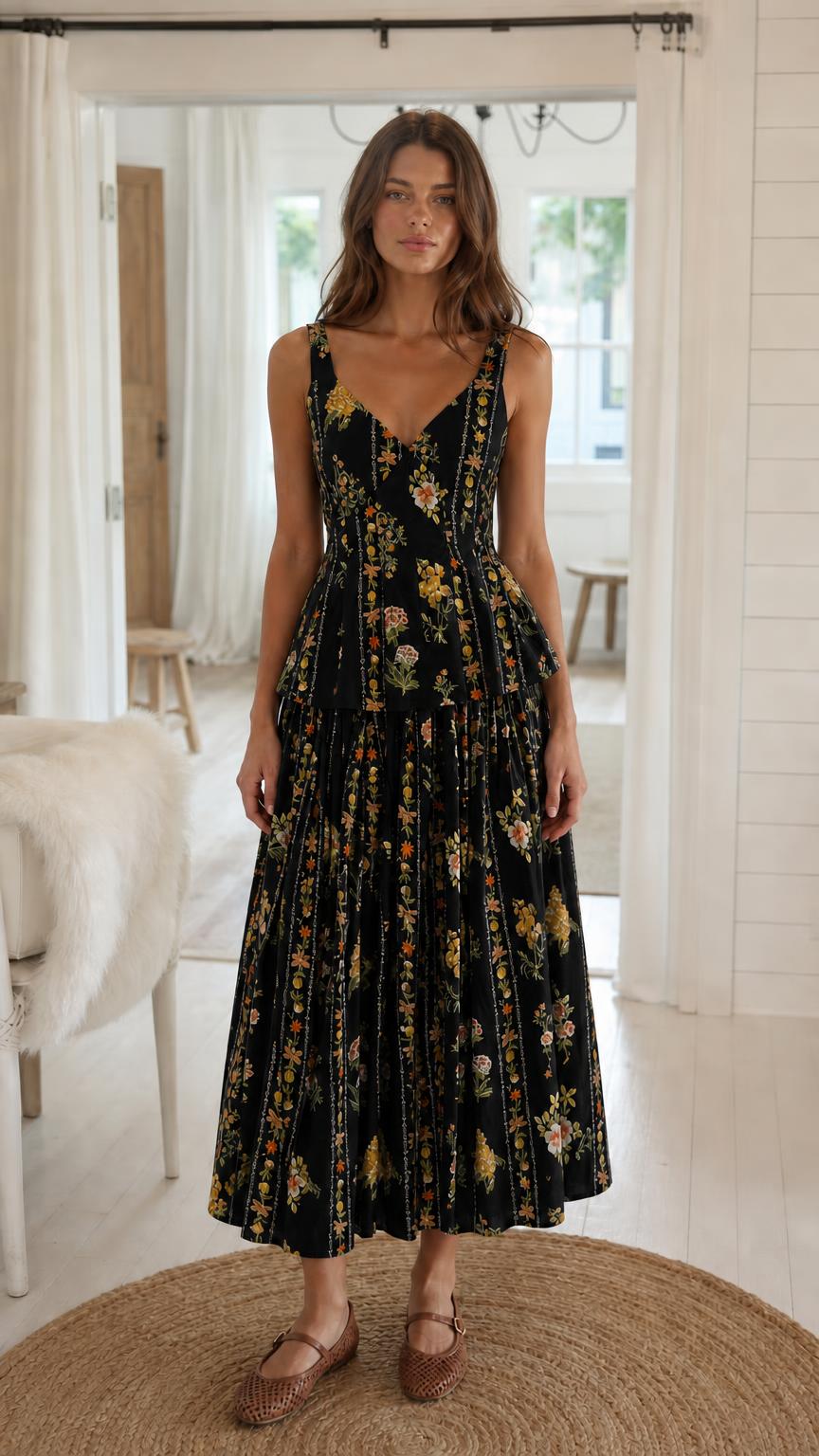 Model wearing black floral print matching camisole and pleated skirt set