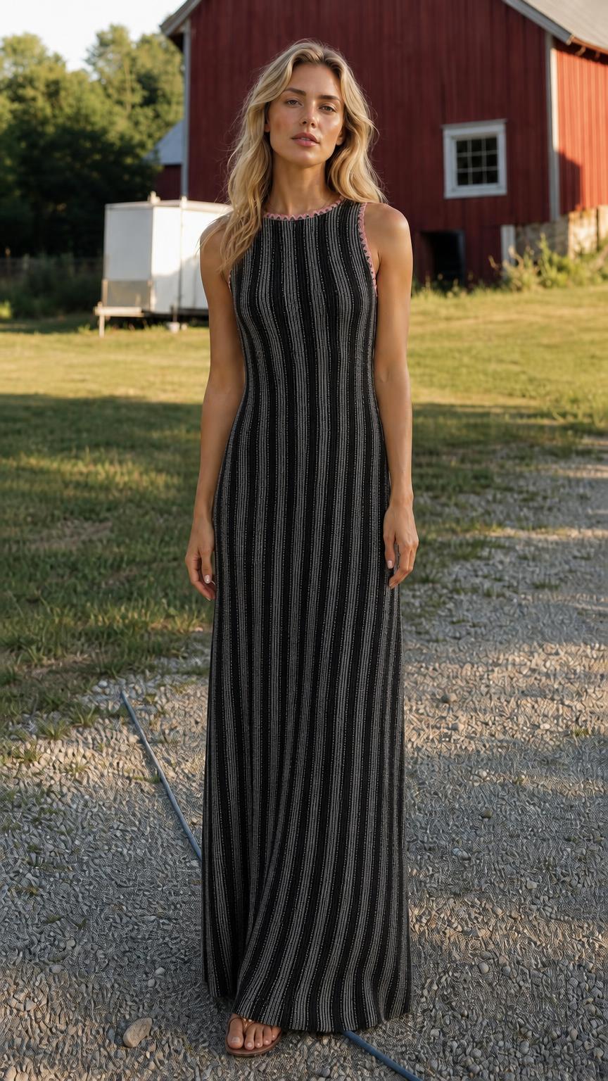Front view of black ribbed knit maxi dress