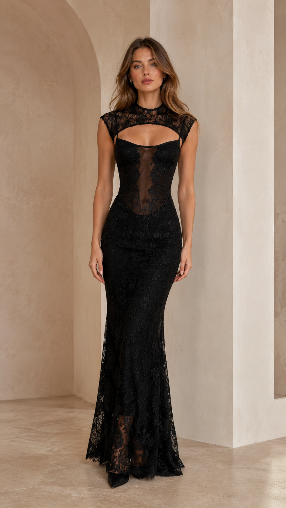 Front view of black lace mermaid evening dress with fitted silhouette