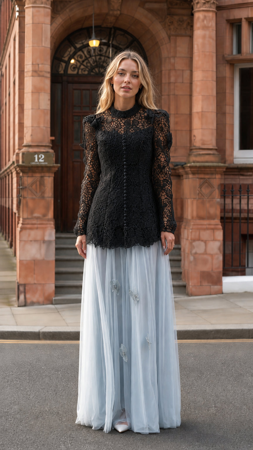 Black lace bodice with light blue tulle skirt variant