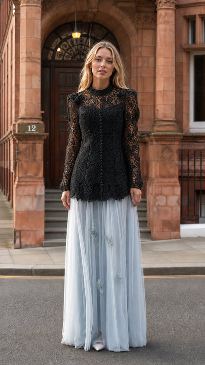 Black lace bodice with light blue tulle skirt variant
