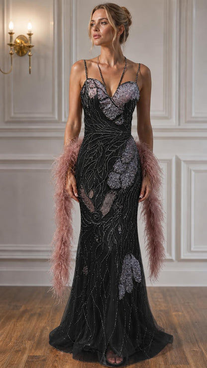 Model wearing black beaded evening gown