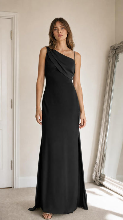 Front view of black one-shoulder maxi dress