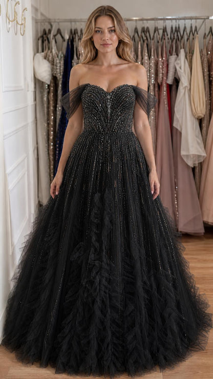 Front view of black off-shoulder embellished tulle ball gown