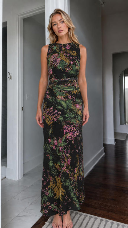 Front view of black floral maxi dress variant