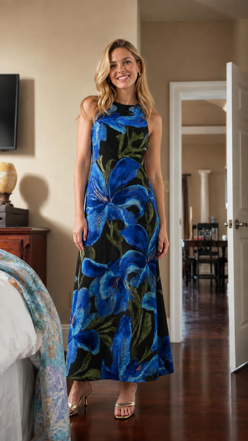 Model wearing black floral sleeveless maxi dress