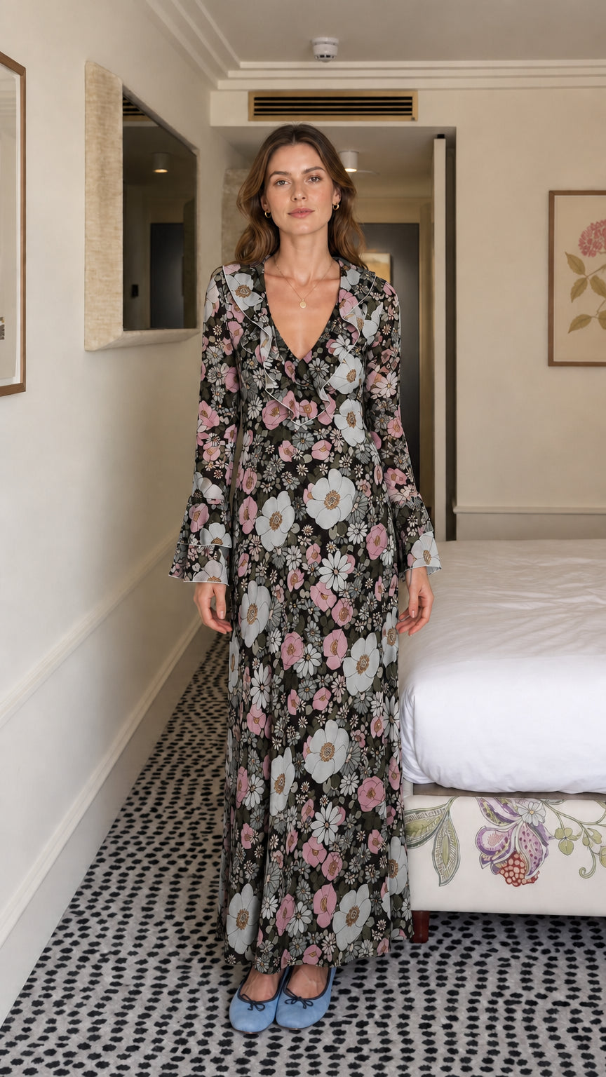 Model wearing black floral maxi dress variant