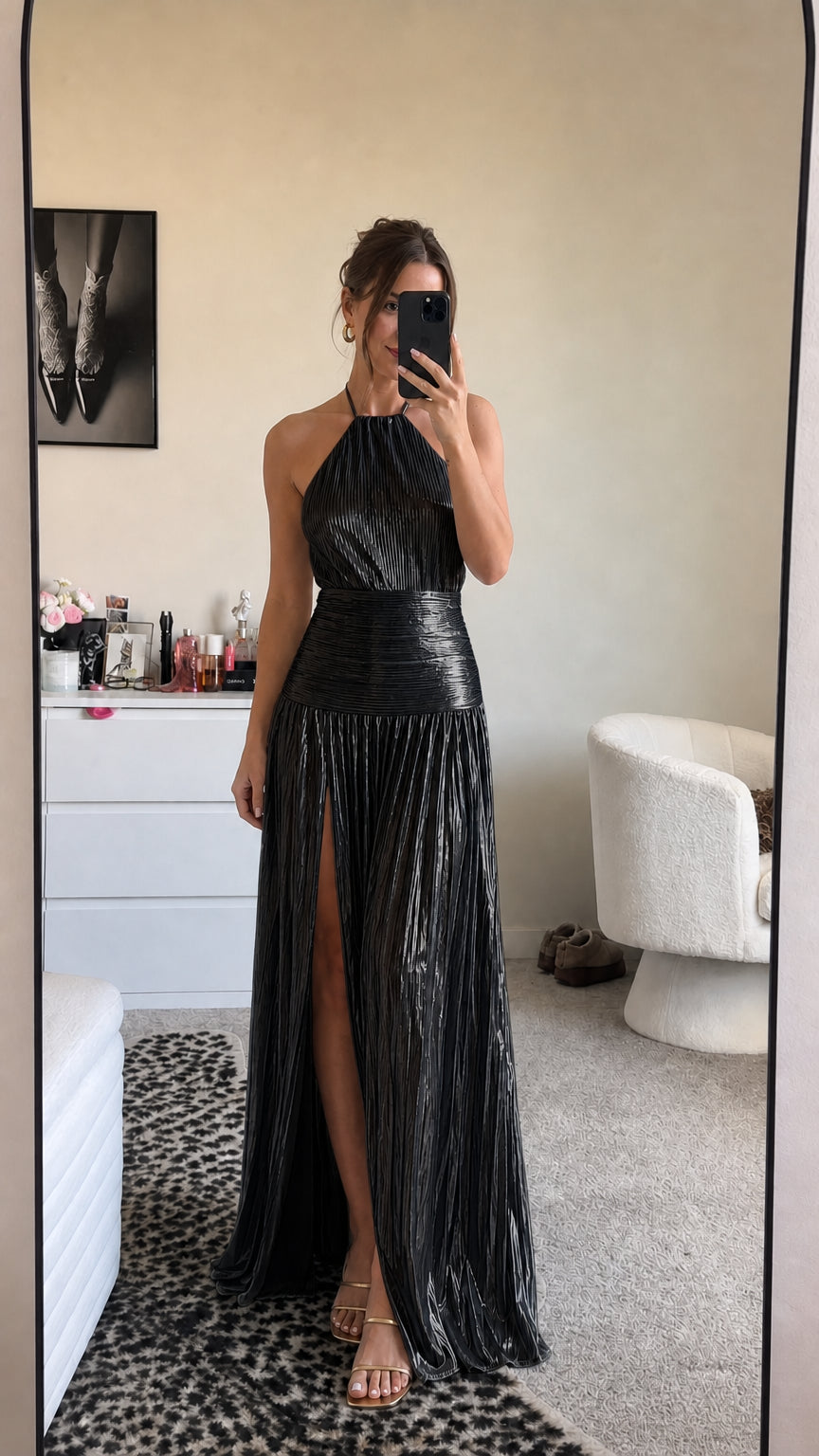 Metallic black halter pleated maxi dress with high slit