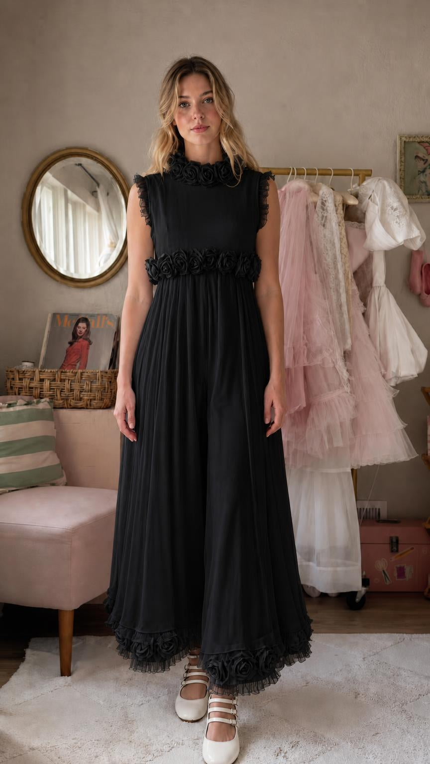 Front view of black pleated maxi dress with floral accents