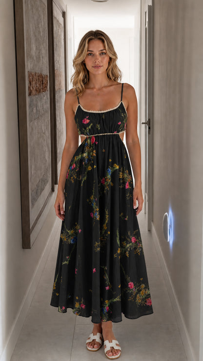 Front view of black floral cutout midi dress