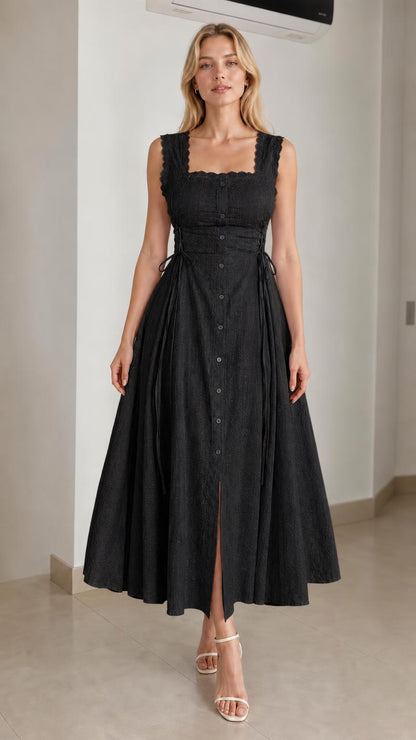 Model wearing black square neck midi dress