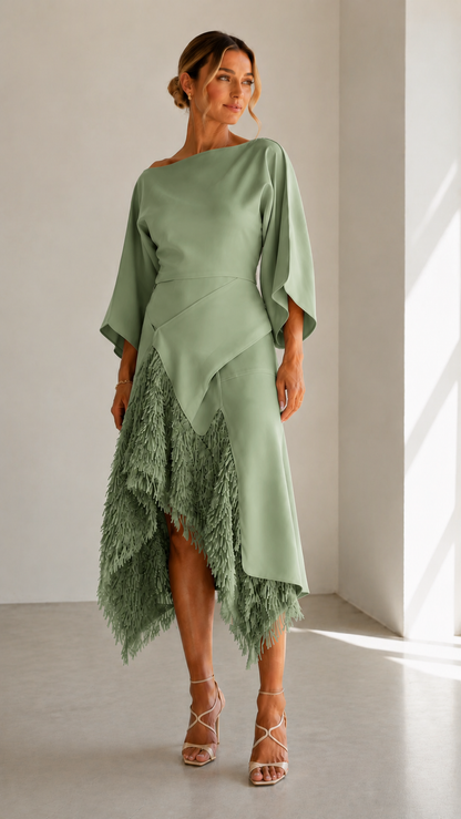 Sage green midi dress with cape sleeves and textured asymmetric hem