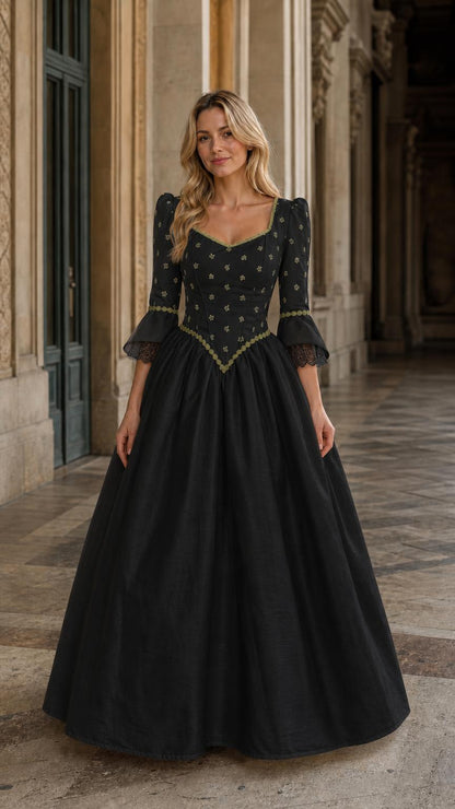 Full view of black Renaissance vintage maxi dress