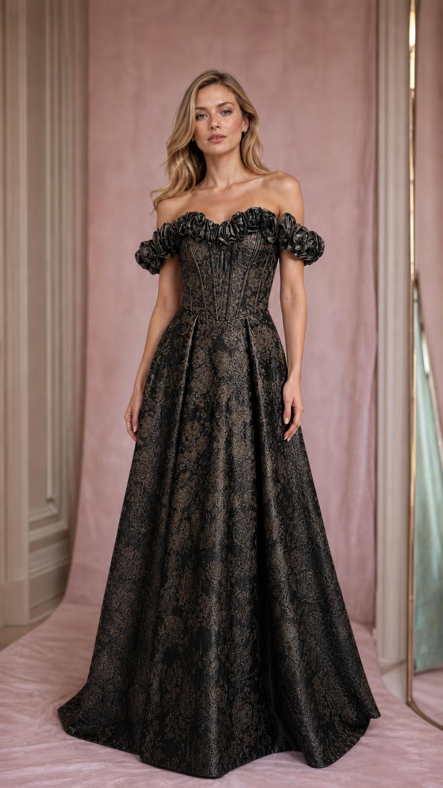 Model wearing black off-shoulder brocade evening gown