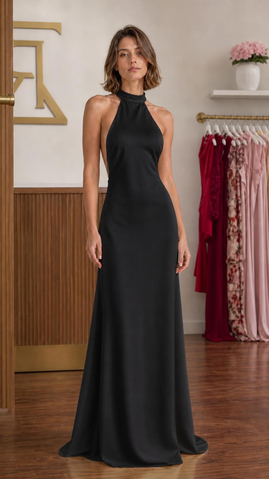 Front view of the black satin halter maxi dress