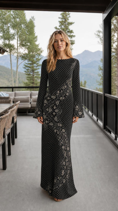 Front view of black printed long sleeve maxi dress