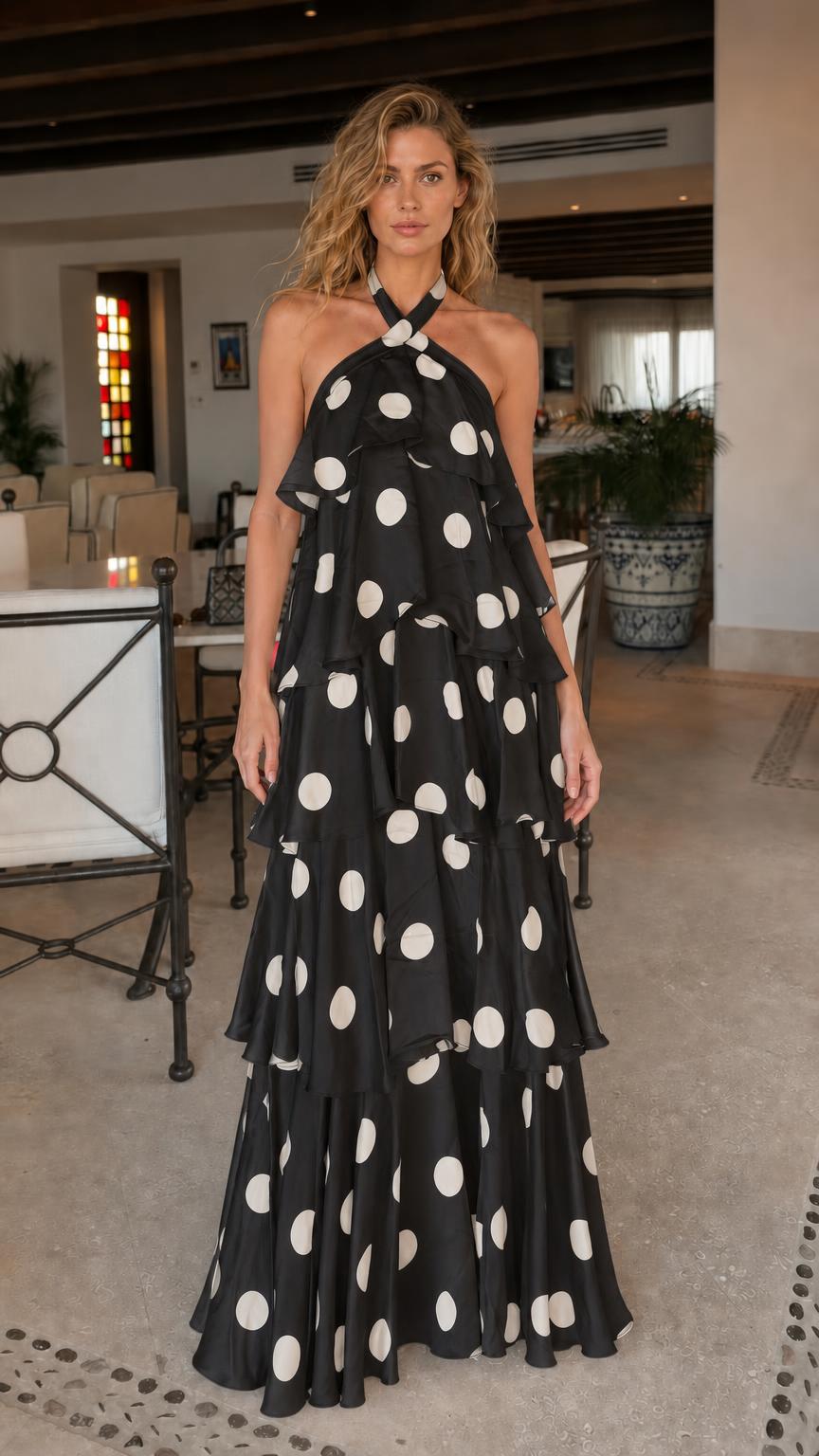 Black polka dot halter ruffle maxi dress variant