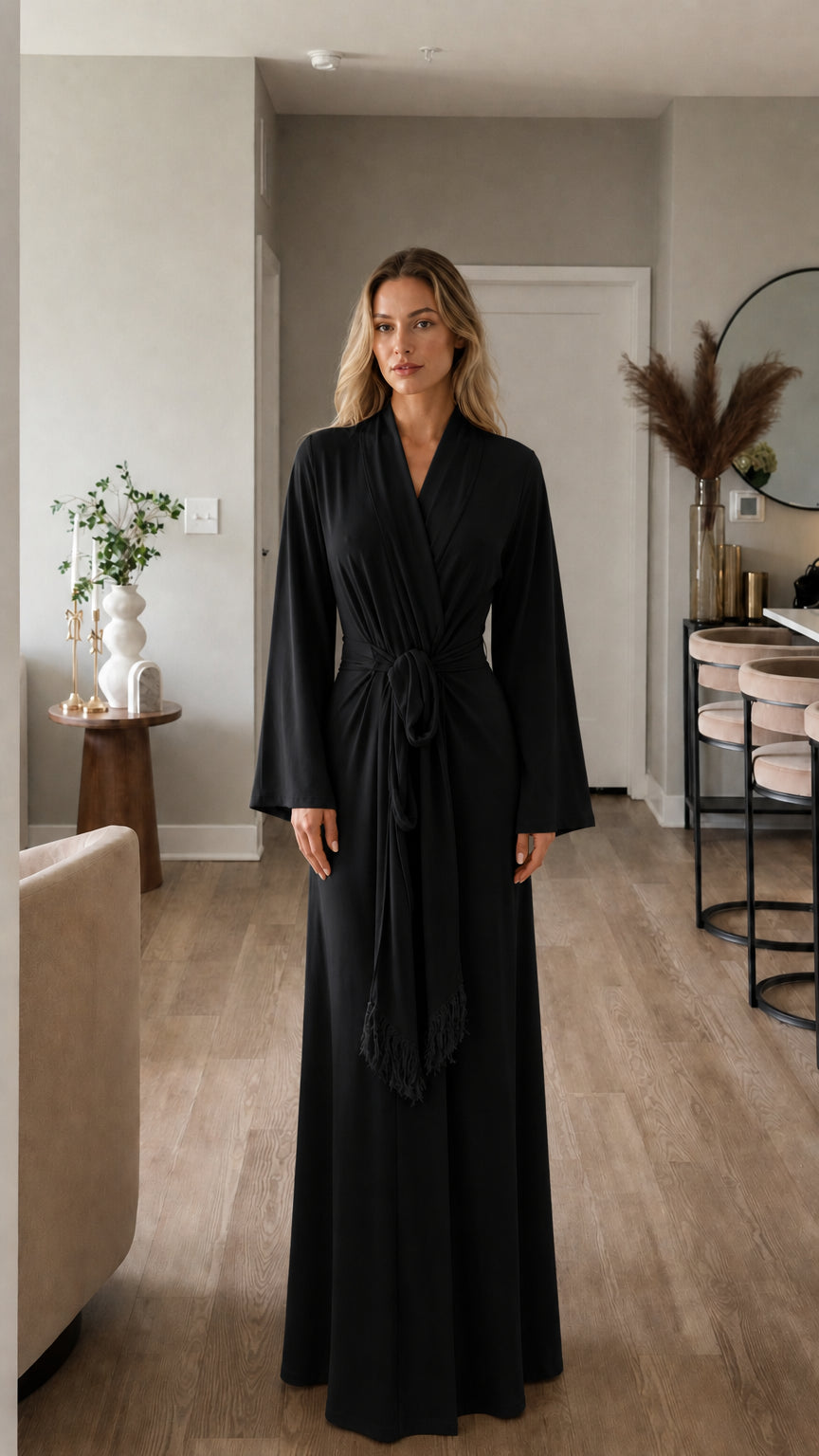 Full-length view of model in black maxi wrap dress