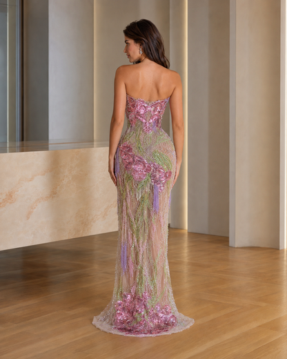 Pink strapless embroidered mermaid gown back view