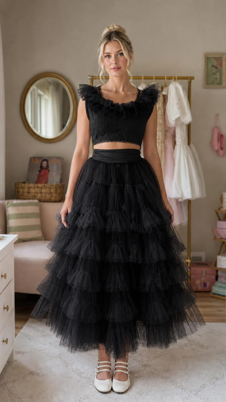 Front view of black ruffled tulle two-piece dress