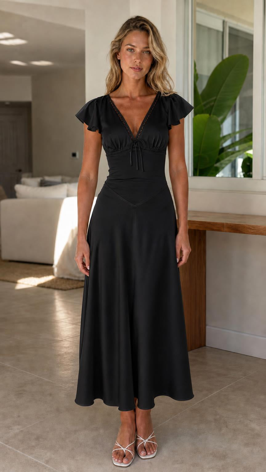 Front view of model wearing black midi dress