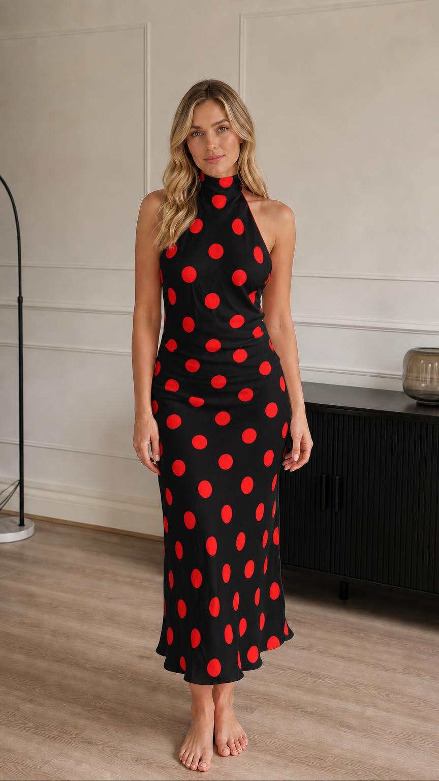 Model wearing black and red polka dot halter midi dress