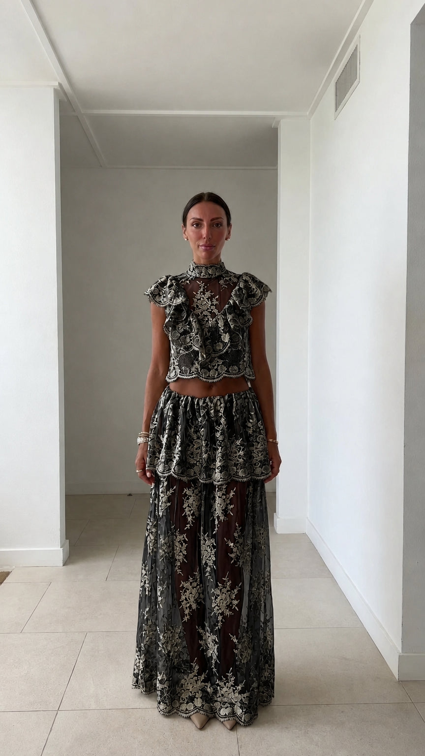 Model wearing black lace two-piece set