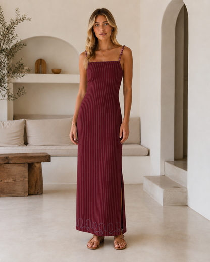 Front view of burgundy striped slim fit maxi dress